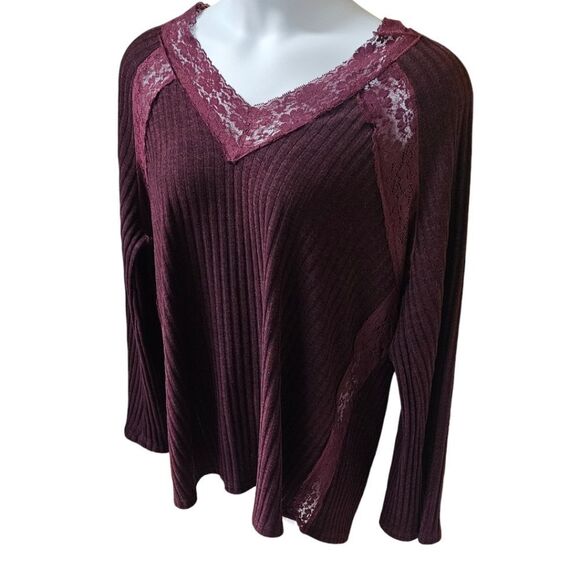 SUSAN BETRO Women's Deep Purple Lacy LongSleeve Ribbed V- Neck Sweater Size 2X - Picture 3 of 15